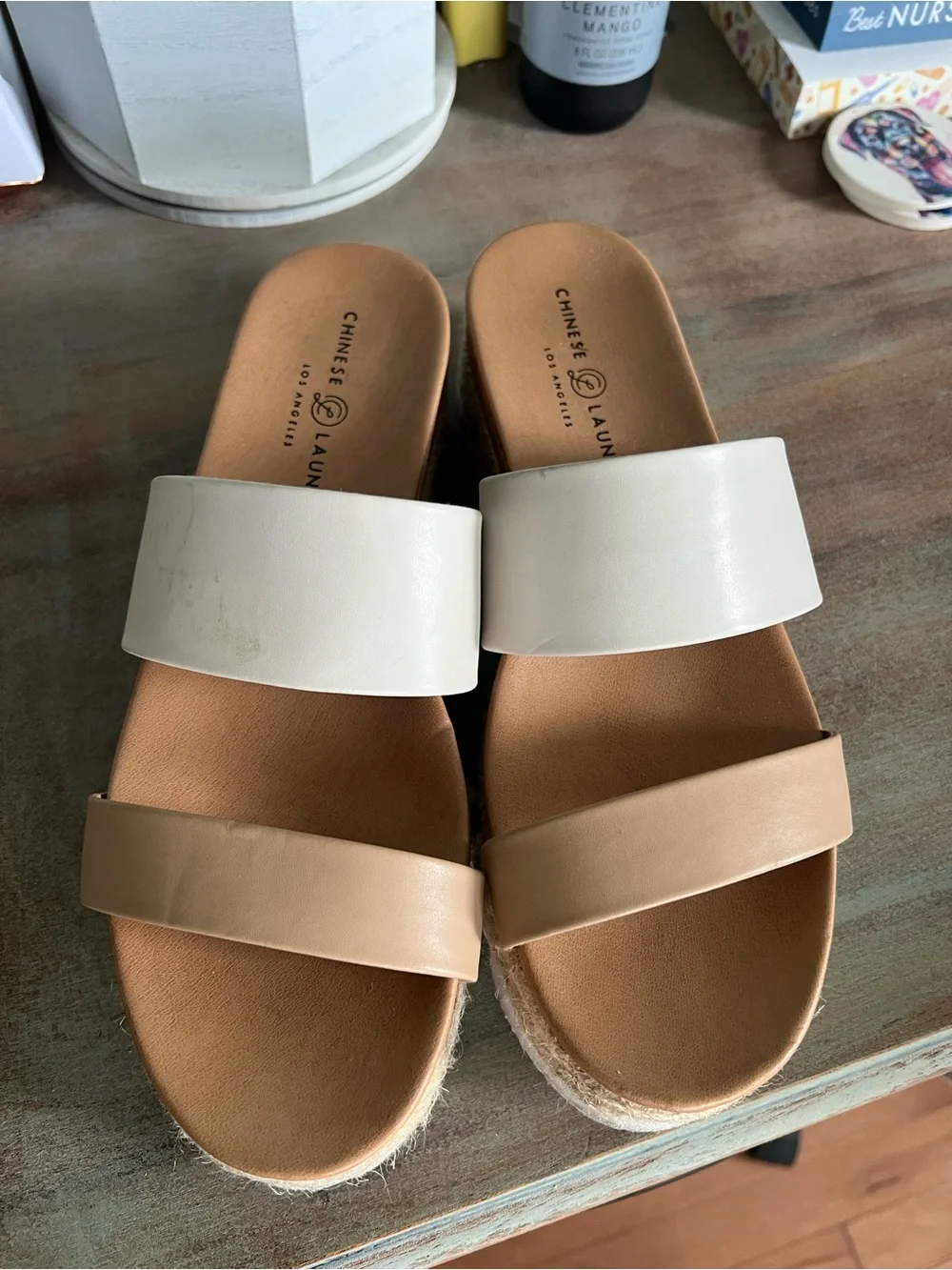 Chinese Laundry Cream Platform Espadrille Slide Sandals